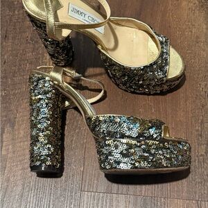 Jimmy Choo Peachy Gold Sequin Heels sz 37